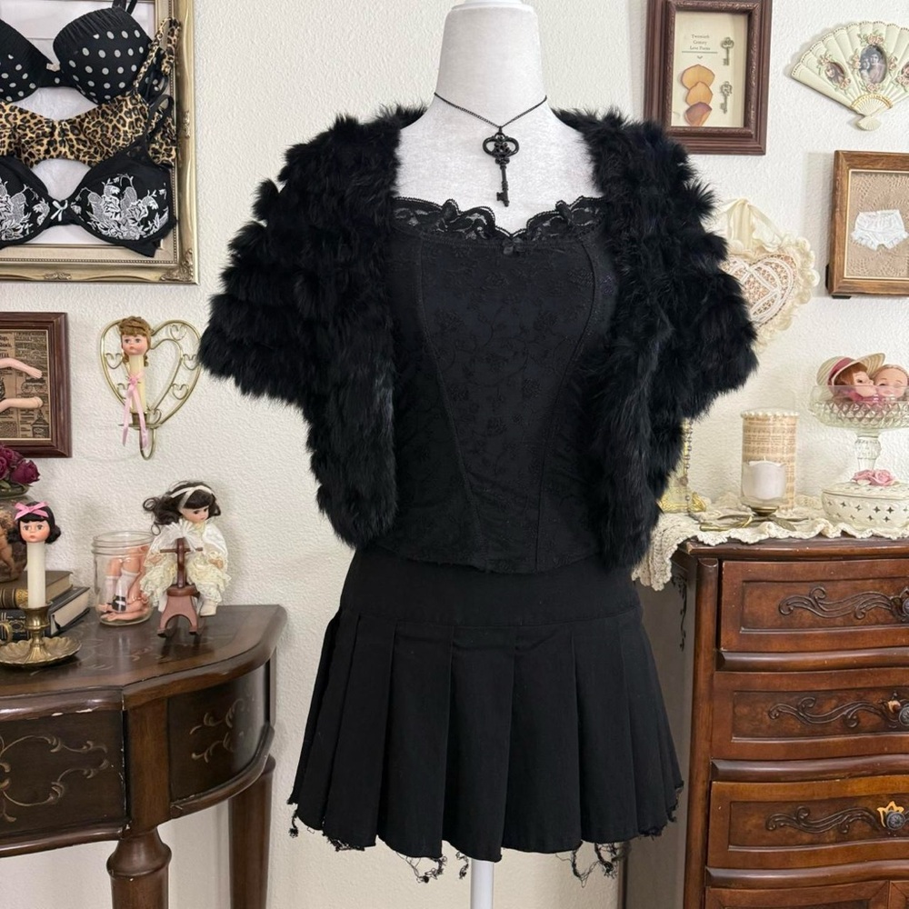 y2k coquette romantic goth girly grunge black rabbit fur cropped bolero cardigan - Picture 3 of 7